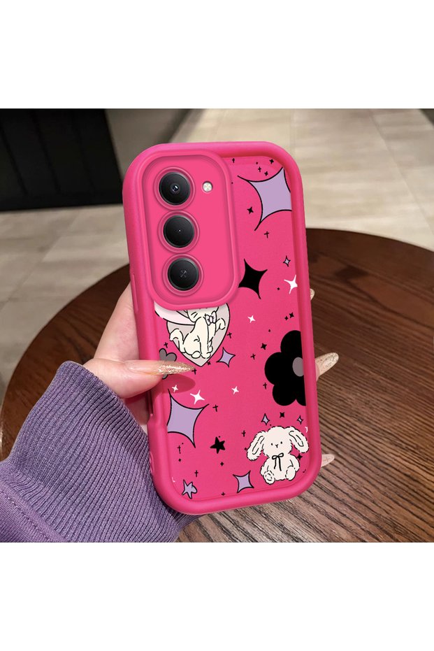 Redmi 15 5G/4G Compatible Pink Red Silicone Case Shockproof Camera Protection Cat and Star Pattern