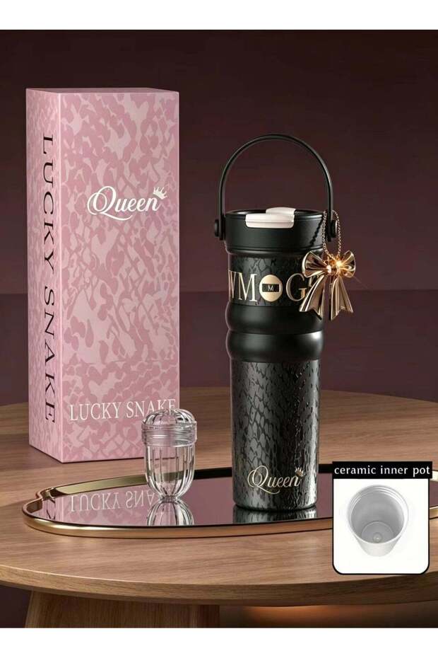 Queen Ceramic Lined Tumbler Thermos Cup, Black Travel Mug,With Handle Thermos Cup,Bow knot Pendant Thermos Cup, Leopard Print Cup,Reusable Iced Coffee Cup,With Handle And Straw,Insulated Leak Proof T