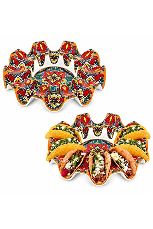 Prepara Taco Carousel Serving Set, Circular Multi Taco Holder with Central Bowl, Colourful Mexican