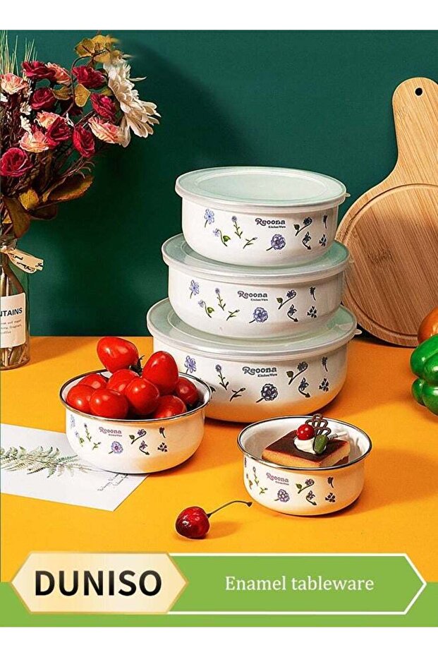 5 Pieces of Enamel bowls set, thickened enamel preservation bowls, salad mixing bowls,with floral p