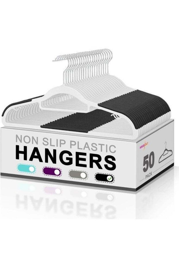 HOUSE DAY 50-Pack Heavy Duty Plastic Clothes Hangers with Non-Slip Rubber Grips & Swivel Hook - Black/White