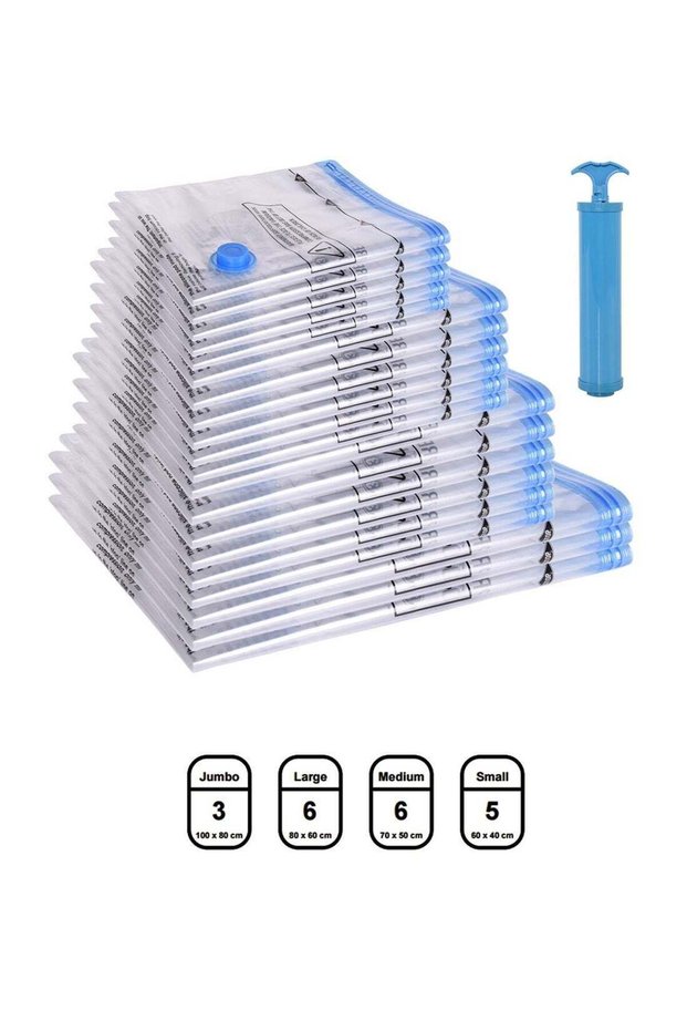 20-Piece High Quality Reusable Transparent Vacuum Compression Zipper Storage Bags with Airtight Valve with Hand Pump, 3 x Jumbo bags (80 x 100 cm each), 6 x Large bags (80 x 60 cm each), 6 x Medium b