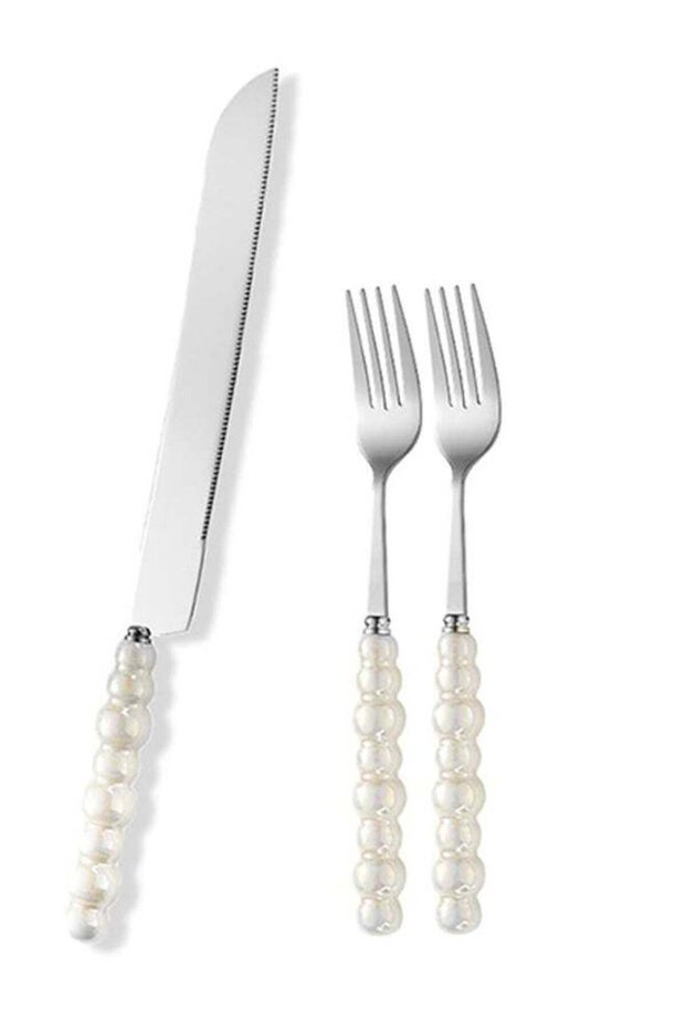 3 Pcs Wedding Cake Cutting Set, Wedding Cake Knife and Server Set, Ceramic Pearl Stainless Steel Pie Cutter with Forks, Bridal Shower Gifts, Engagement Gift for Couples (Silver)