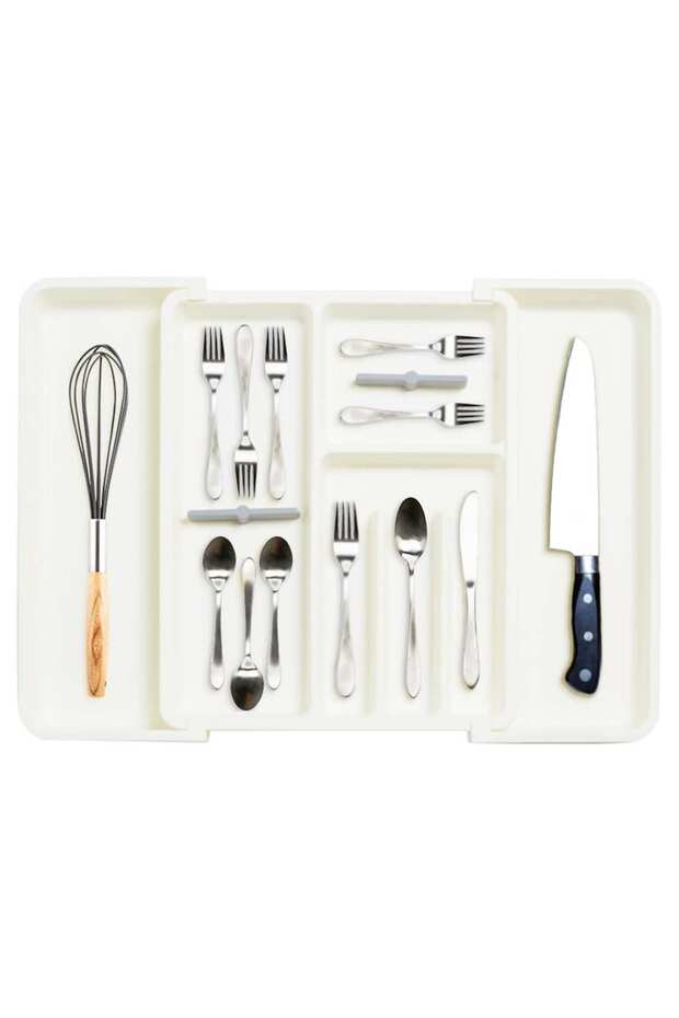 Expandable Silverware Organizer for Drawers, Adjustable Cutlery Tray with Customizable Dividers, Large Capacity Utensil Holder for Forks Spoons Knives, Kitchen & Home Storage Organizer (White)