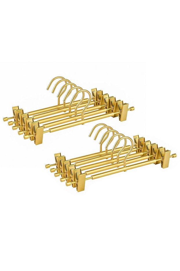 Orgtralix Pants Hangers with Clips Space Saving, Aluminous Alloy Metal Rack Hanger for Trousers and Jeans, 360 Degree Swivel Hook Adjustable Clips Non-Slip Hangers 10 Packs Gold