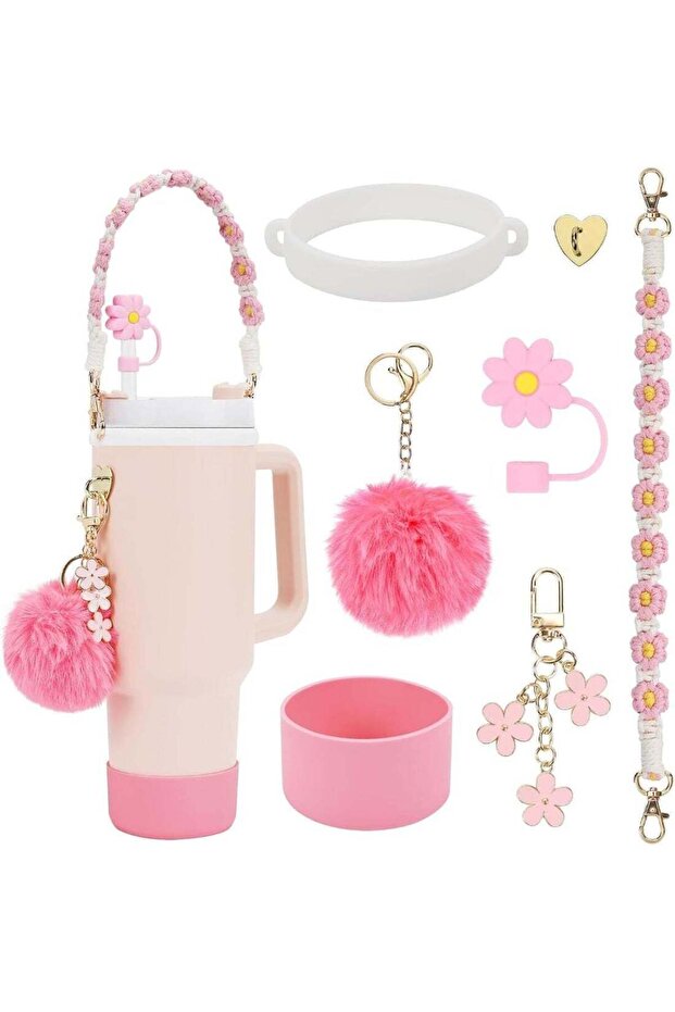Stanley Cup Accessory Set: 7-Piece Bundle Including Straw Cover, Silicone Boot, Hand Strap, 4 Charms for 40oz & 30oz Tumblers