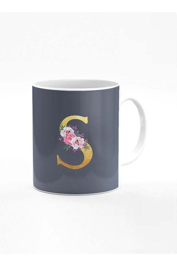 Designer Printed Coffee Mug 11oz Ceramic Personalised Gift Mugs Cup -Custom Monogram Initial Letter Floral Pattern Alphabet - S (Bright Grey)