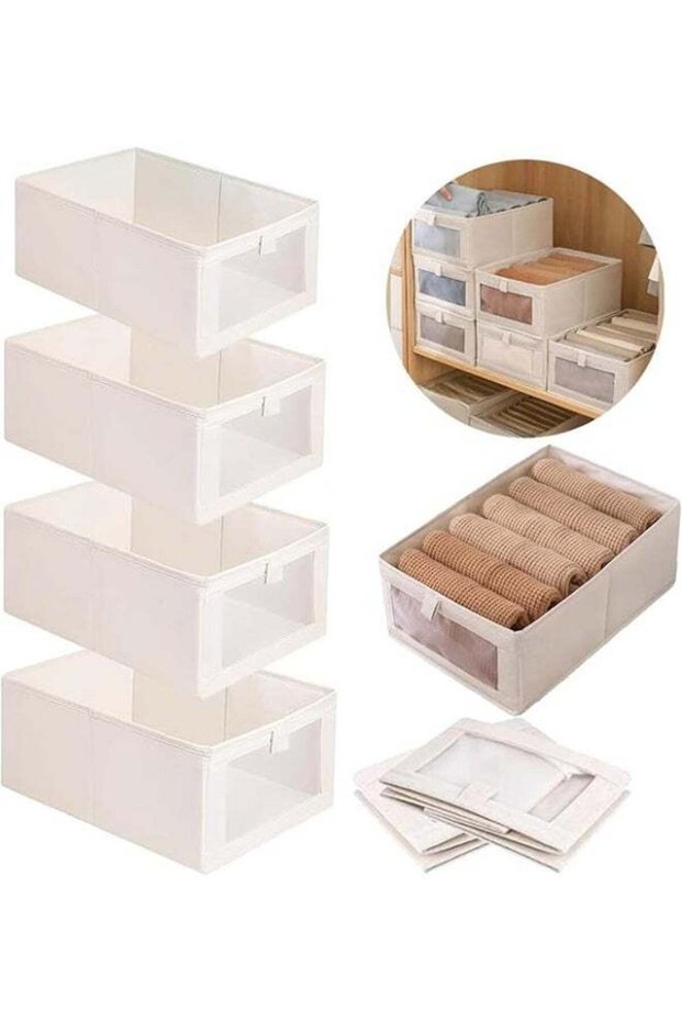 4 Pcs Wardrobe Clothes Organizer, Foldable Visible Drawer Closet Organizer,with Clear Window and Handle,Moisture and Mold Prevention,for Organizing Clothing Jeans Toys Book Shelves Closet Wardrobe,4