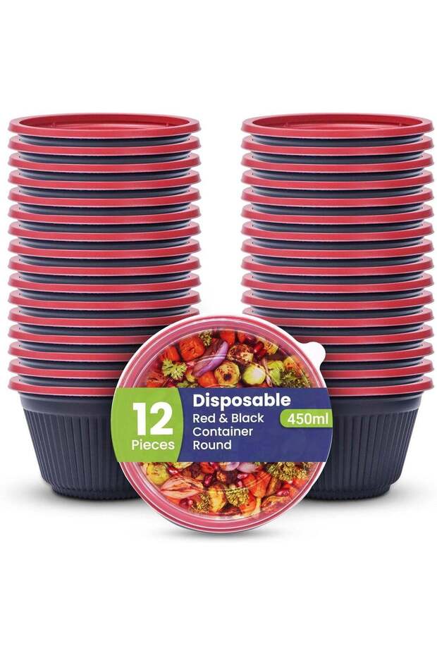 SNH Packing 12-Pack Round Plastic Containers with Lids - 450ml Black & Red Meal Prep Bowls | Reusab