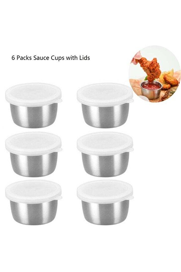 6 Packs Stainless Steel Sauce Cups with Lids, 40ml Small Reusable Leak-Proof Condiment Containers,