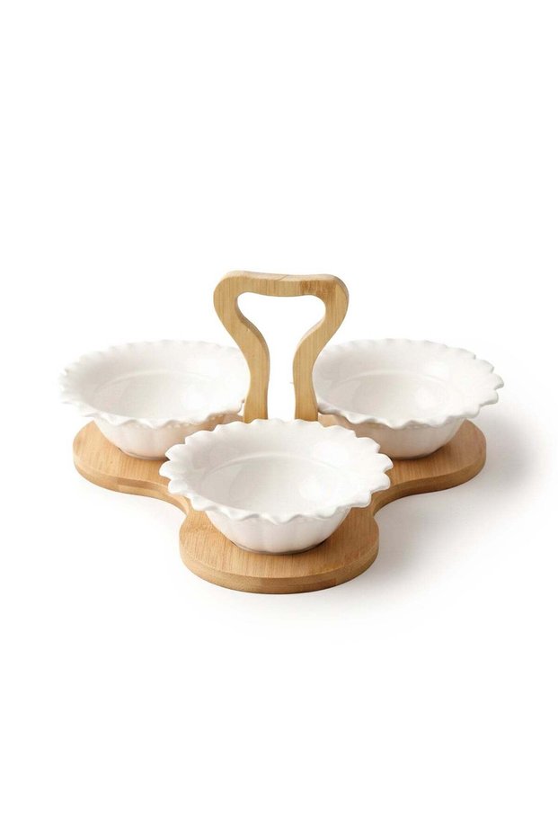 Shallow 3PCS Porcelain Serving Bowls with Bamboo Stand – 15cm White New Bone China Snack & Condimen