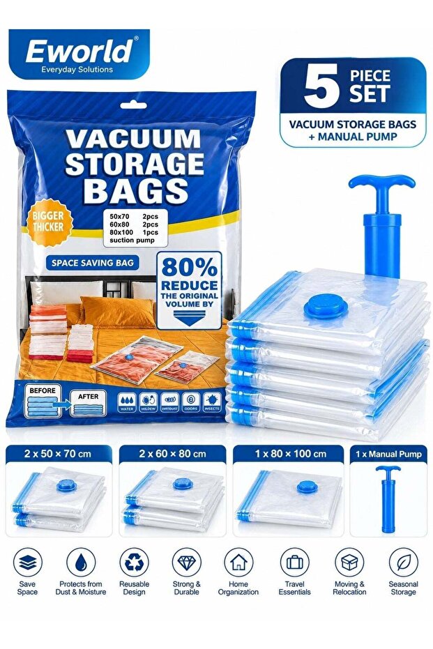 Vacuum Storage Bags 5-Piece Mixed Size Set with Manual Hand Pump – 2× 50×70cm, 2× 60×80cm & 1× 80×100cm – Reusable Space Saver Compression Bags for Clothes, Bedding, Blankets & Pillows