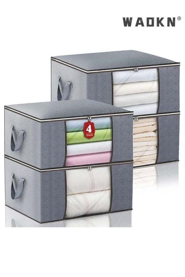 4 Pack Large Capacity Storage Bags, 90L Foldable Clothing Storage Bags Organizer with Reinforced Handle Thick Fabric for Comforters, Clothes, Blankets, Bedding,60x40 cm,Grey