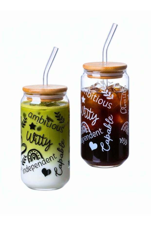 Set of 2 - 550 ML Borosilicate Positive Qotes Themed Sipper Glasses with Bamboo Lids & Glass Straws