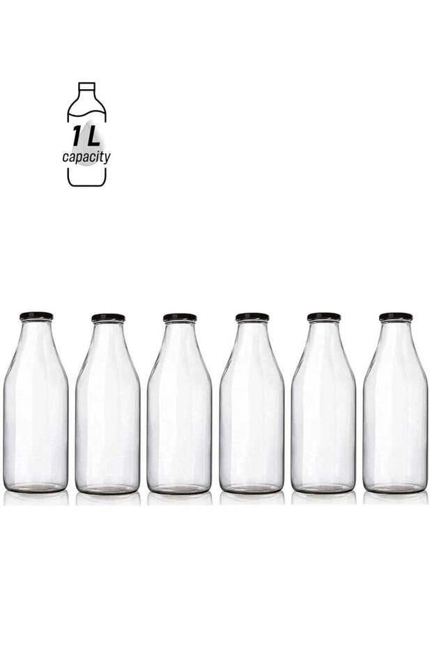 6 pack 1L Glass Bottles, Clear Glass Milk Bottles with Black Lids, Shake Container, Drinking Bottles with