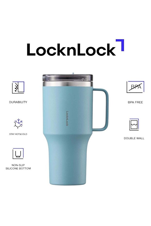 LocknLock Metro Mug King 820ml Blue Double Wall Stainless Steel Insulated Travel Mug, Spill Resistant Leakproof Lid, BPA Free Coffee Cup with Handle for Hot & Cold Drinks