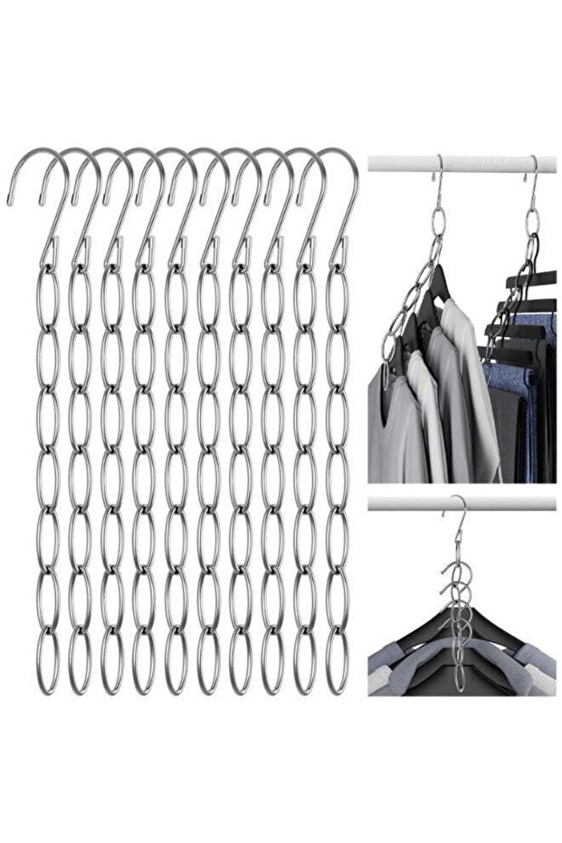 10PCS Space Saving Hangers, 7-Loop Retractable Design Chain Hanger for Compact Storage, Ideal for Travel,Dorm & Office, Wrinkle-Reducing for All Garments, Silver, 11inch
