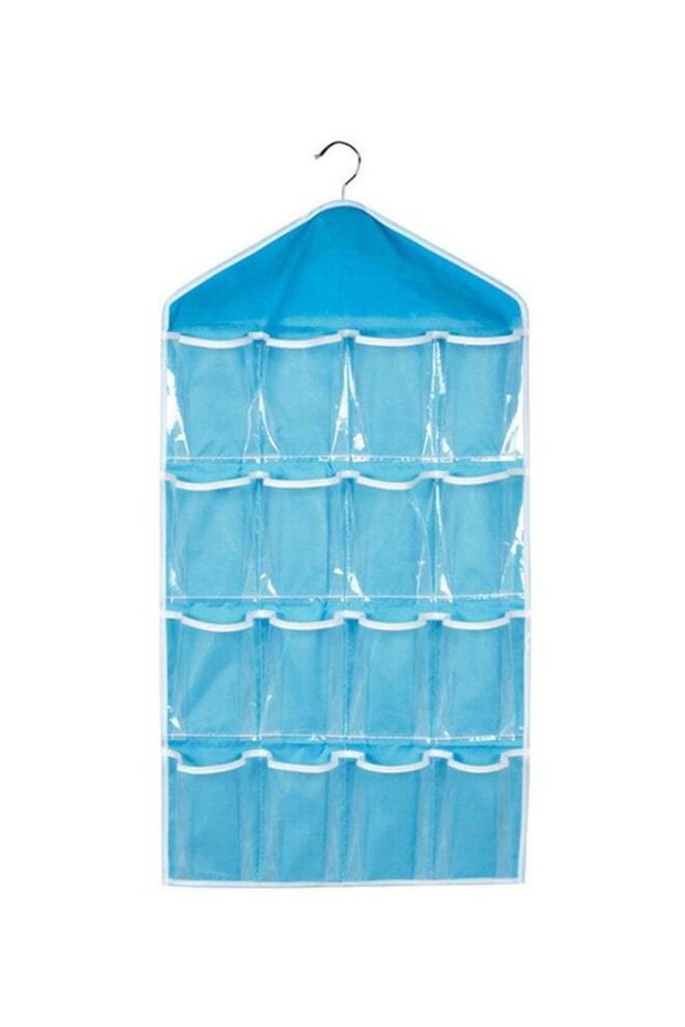 16-Pockets Wardrobe Hanging Storage Bag Clear/Blue 42 x 78cm