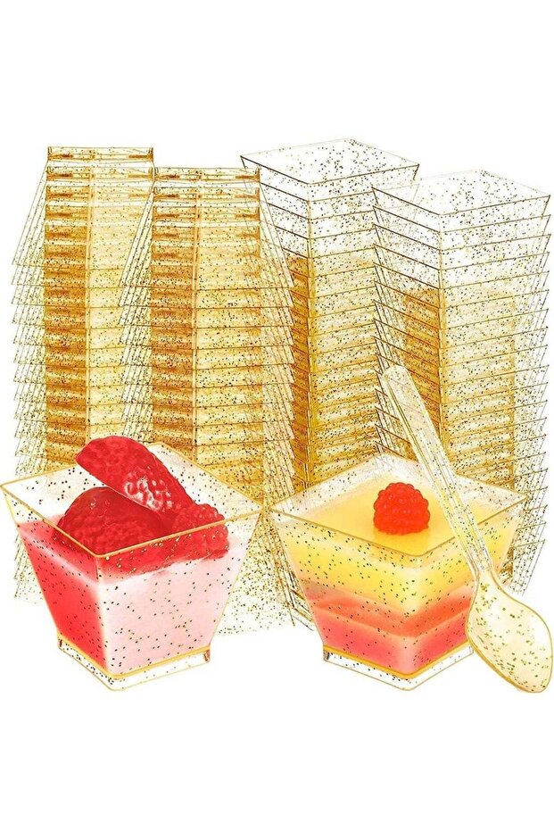 Mini Glitter Dessert Cups, Disposable Square Plastic Cake Cups with Spoons Set Gold Glitter, Premiu