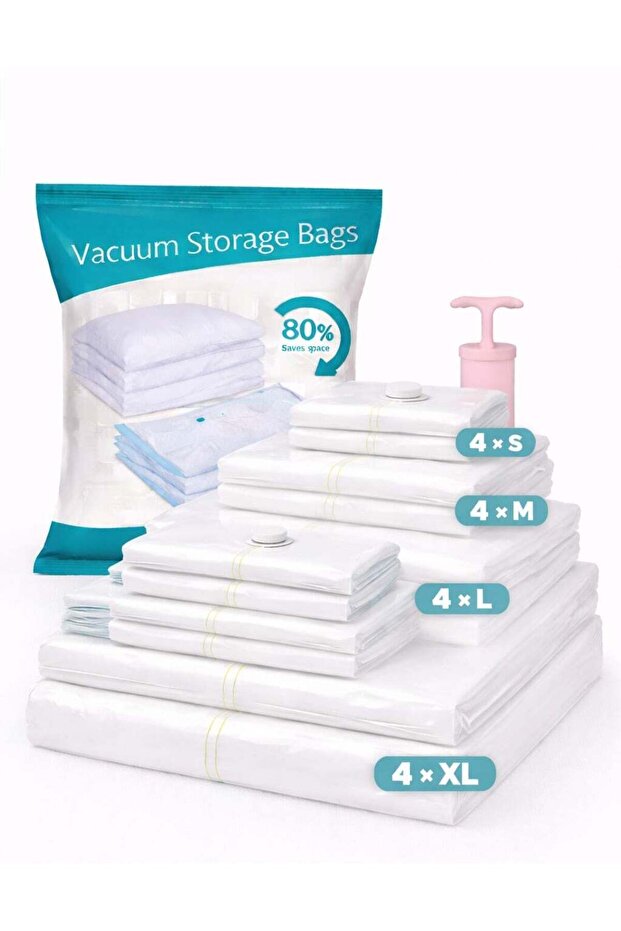 Vacuum Storage Bags for Clothes, Blankets & Bedding – Space Saver Vacuum Seal Bags with Hand Pump | Reusable Compression Storage Bags (Pack of 16 – 4XL, 4L, 4M, 4S)