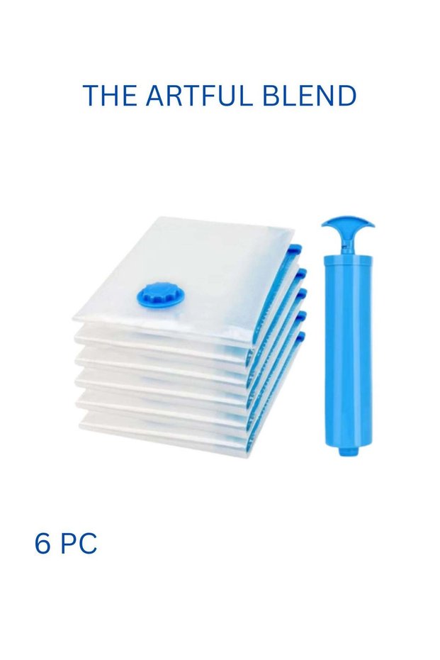 6-Piece Reusable Vacuum Storage Bags Set – Mixed Sizes with Portable Hand Pump for Travel, Clothes & Bedding Space Saving (Random Color)