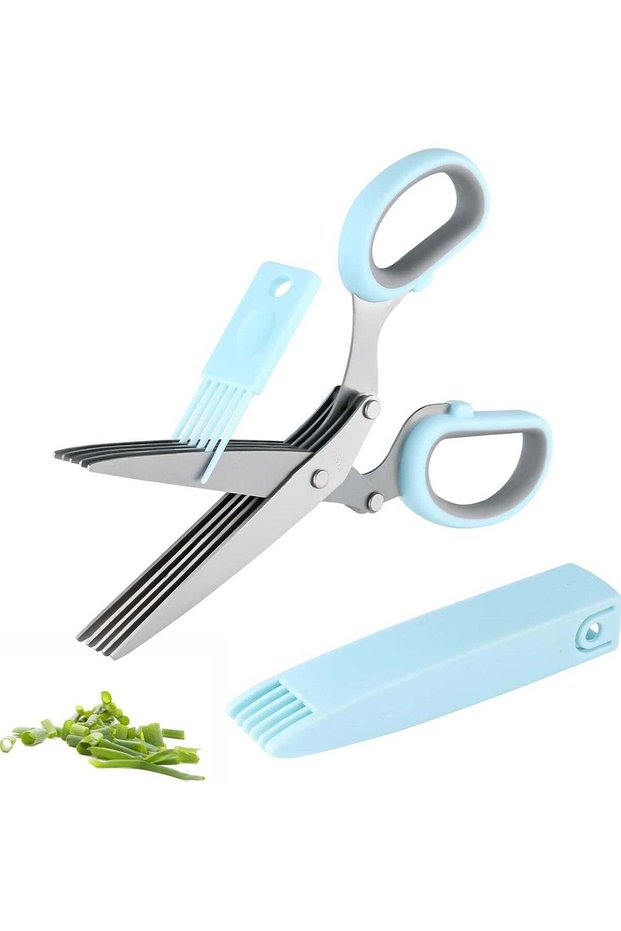 Gourmet Herb Scissors Set - Master Culinary Multipurpose Cutting Shears with Stainless Steel 5 Blades, Safety Cover and Cleaning Comb for Cutting Cilantro Onion Salad (Blue)