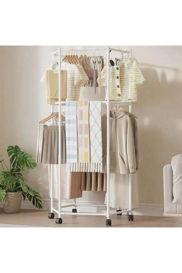 Metal Clothes Hanger Organizer, Clothes Rack with Wheels, Hexagonal Rolling Clothing Rack for Hanging Clothes, Garment Storage for Bedroom, Laundry, Balcony