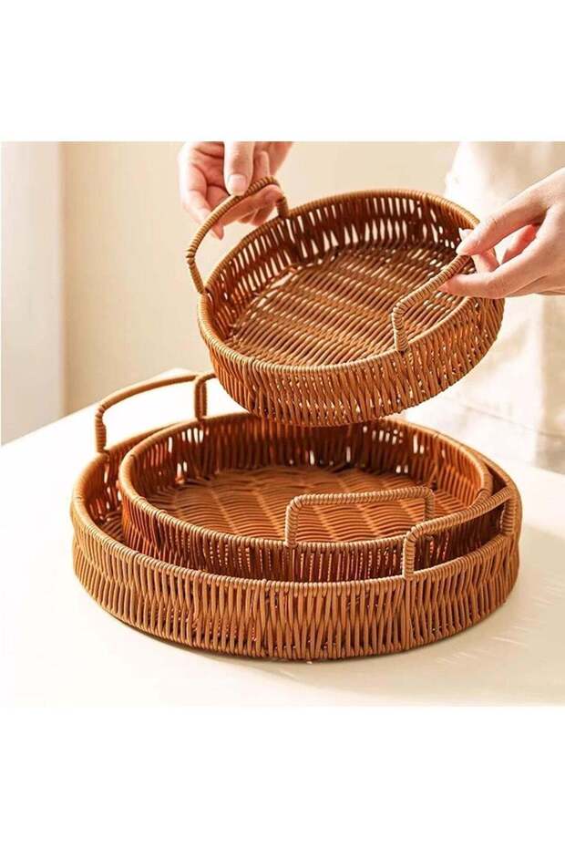 3pcs Rattan Woven Serving Basket Set with Handle, Multi-Purpose Storage Organizer for Wedding, Picn