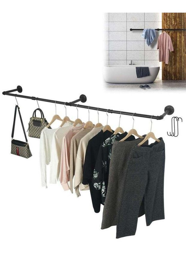 Clothes Rack Wall Mounted, Industrial Pipe Garment Rack， Heavy Duty Iron Garment Bar with 3 S-Shaped Hooks,Detachable Adjustable,for Home Shops and Closets，180cm