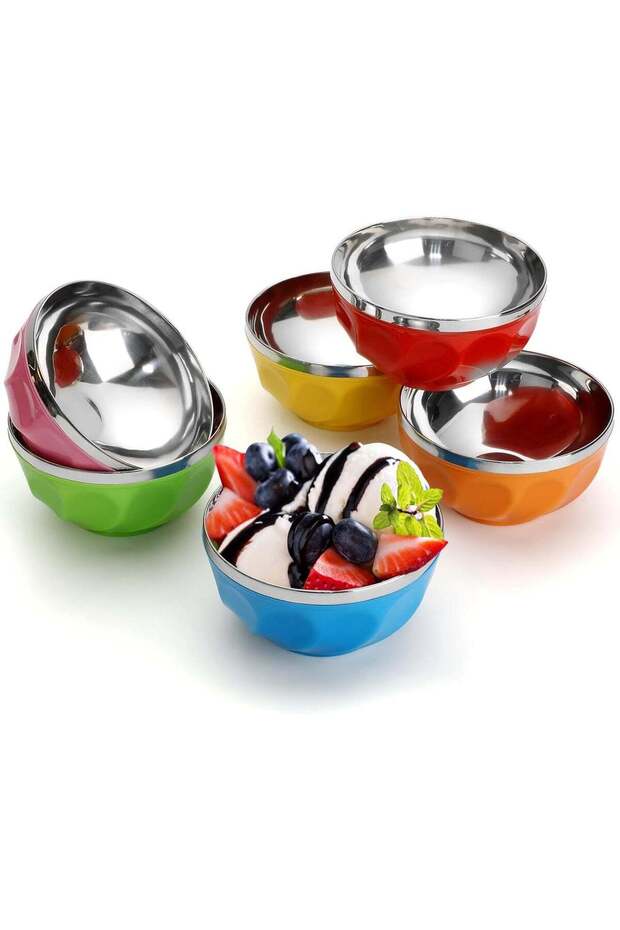 6 Pack Stainless Steel Insulated Double Wall Ice Cream Bowls, 10 oz Reusable Dessert Cups, Assorted