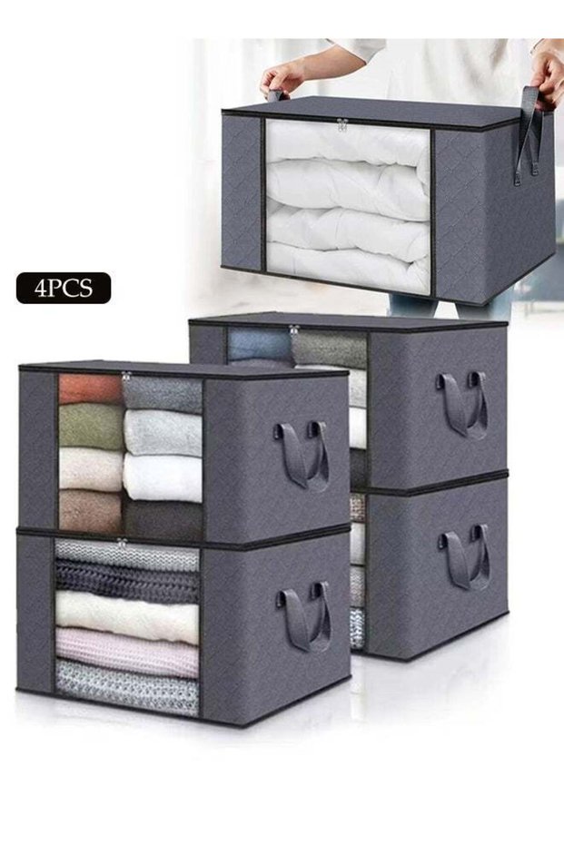 4 Pack Storage Bag,Large Capacity Moving Bags with Zipper,Clothes Storage Bins,Foldable Closet Organizers with Durable Handles, for Blanket Comforter Clothing Bedding,Grey,60x40x35cm
