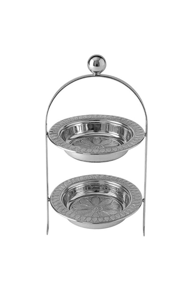 Elegant Floral Patterned Two Tier Metal Cake Snacks Stand/Rack With Handle 15X34cm- Silver