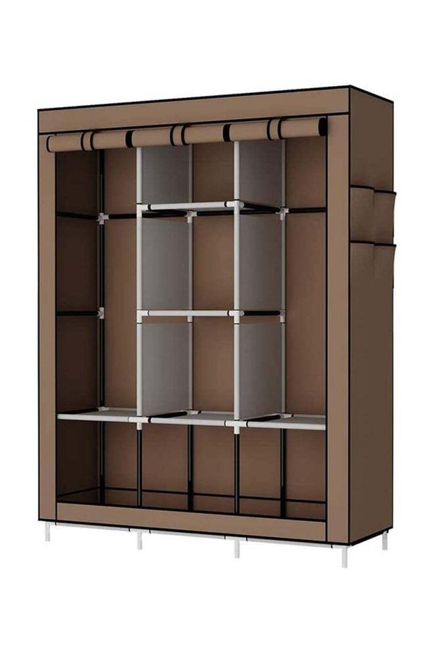 Portable Fabric Canvas Wardrobe With Storage Cupboard Organiser Brown 130x175x45cm