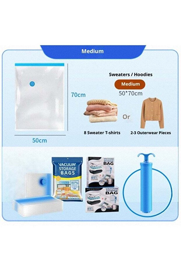 Vacuum compression bags vacuum 50*70cm *8 pieces +1 manual air pump keyword coverage efficient compression space-saving function practical storage organization design suitable for family travel seaso