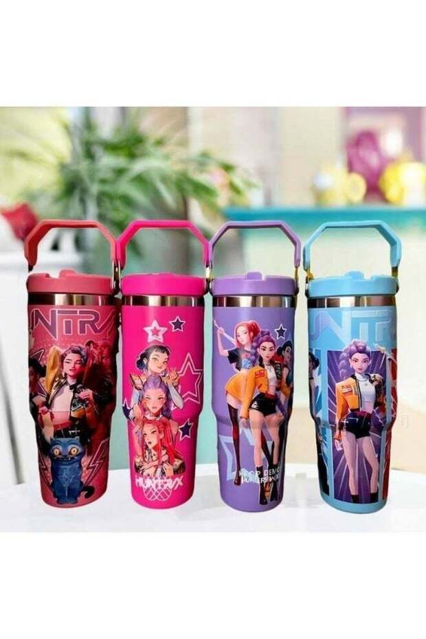K-Pop ghost hunter-themed reusable vacuum insulated tumbler comes with a lid and straw, making it perfect for travel, work, study, and everyday coffee drinking(Purple)