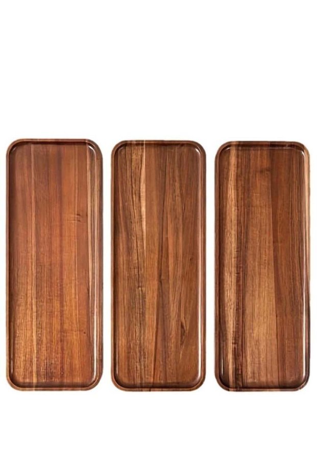 Set of 3 Acacia Wood Trays, Oval Serving Trays, Decorative Dishes for Fruit, Salad, Cheese and Coffee