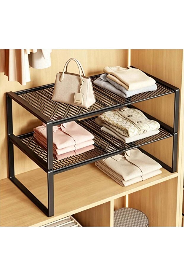 2 PCS Stackable Closet Tension Shelf for Wardrobe, Expandable Metal Storage Rack, Adjustable Divider Separator for Cabinet Wardrobe Cupboard Kitchen,38-62cm/27cm (Black)