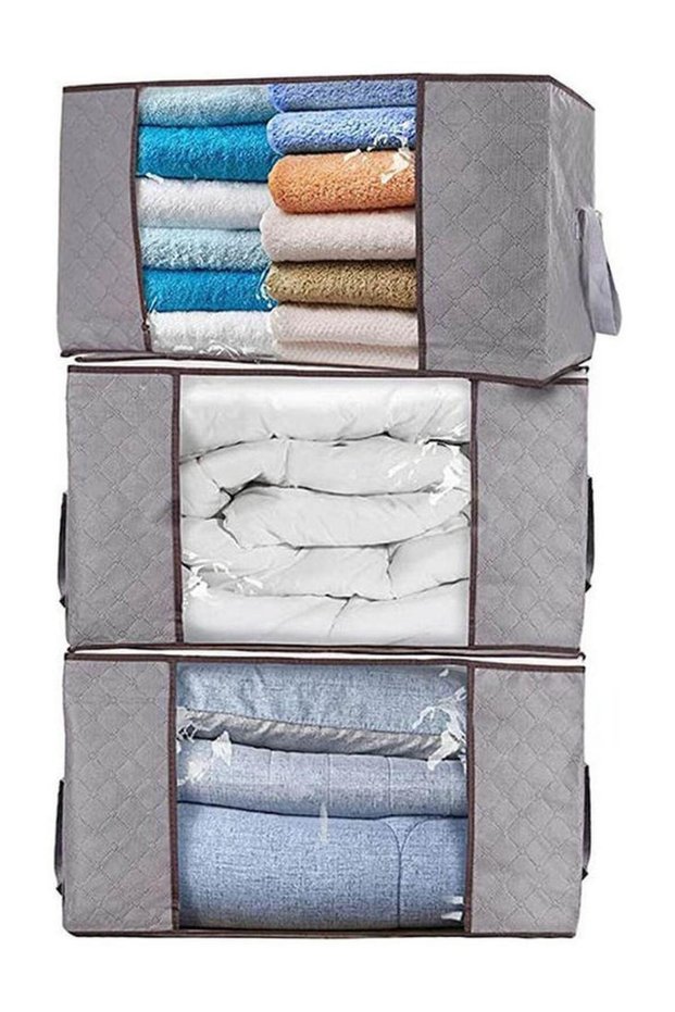 3Pcs Foldable Closet Organizer Clothing Storage Bag Box With Clear Window, Waterproof Durable Fabric Grey