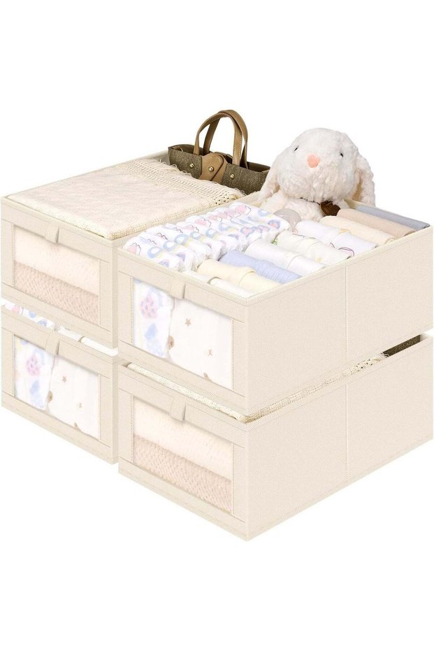 Closet Organizers and Storage, 4 Pack Linen Closet Baskets with Mesh Window for Organization, Foldable Closet Organizer for Clothing, Towels, Toys, Nursery, Books, Shelves, Beige