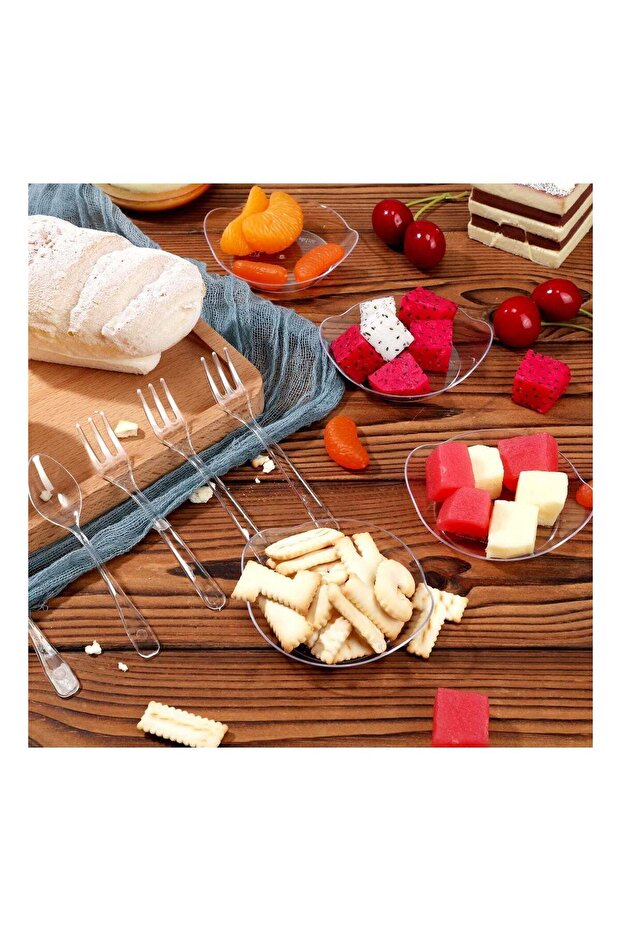 100 Pack Clear Mini Appetizer Plates, Small Disposable Plastic Plates Set with 100 Mini Forks and 1