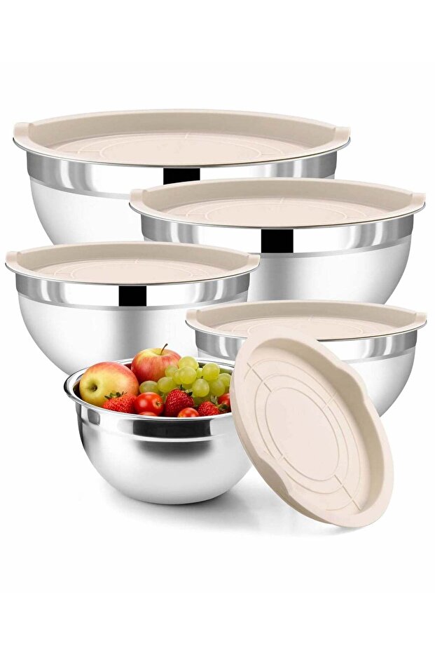 5 Pcs Mixing Bowls with Lids,Stainless Steel Nesting Salad Bowl with Lid & Base for Non-slip Mixing
