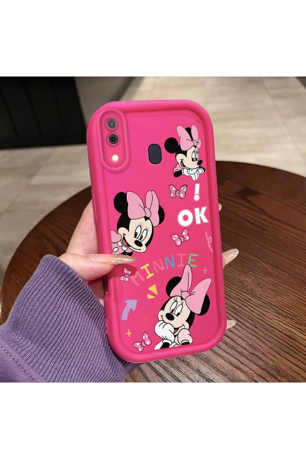 Samsung Galaxy A20/A30 Compatible Pink Red Silicone Case Shockproof Camera Protection Minnie and Bow Pattern
