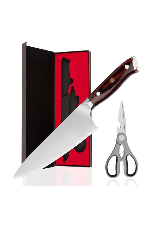 2-Piece 8 Inch Chef Knife with Kitchen Scissors, AUS10 Core Blade High Carbon Stainless Steel Pakkawood Handle Suitable for Cooking, Cutting,Chopping, Dicing and Luxury Gift Box