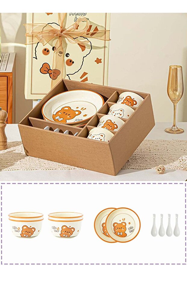 10 - Piece Adorable Bear - Themed Ceramic Dinnerware Set For 4, Includes 4 Bowls, 4 Spoons, 2 Plate