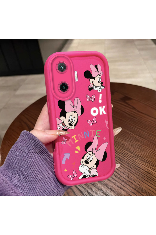Poco F7 Compatible Pink Red Silicone Case Shockproof Camera Protection Minnie and Bow Pattern