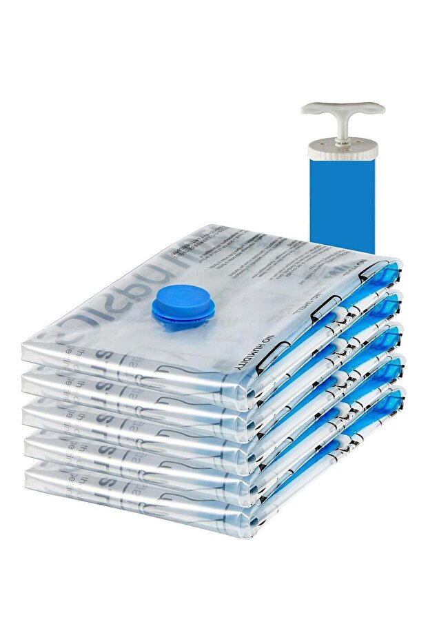 Vacuum Storage Bags with Zipper, Airtight Valve and Hand Pump, 5-Pack, Space Saver storage bags, Large 80CM x 60CM, Clear