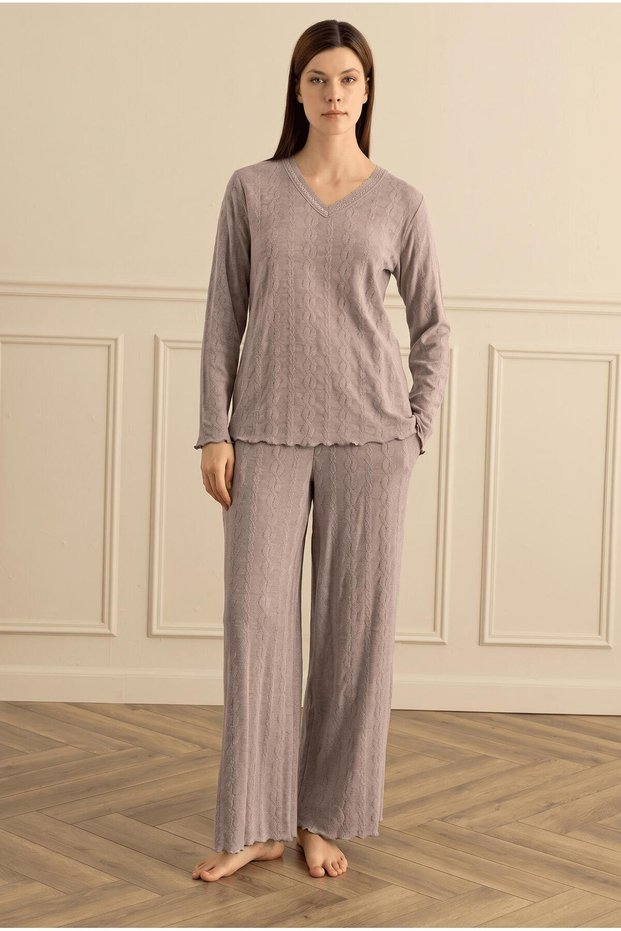 Women's Long Sleeve V-Neck Jacquard Brown Pajama Set C0T0N181