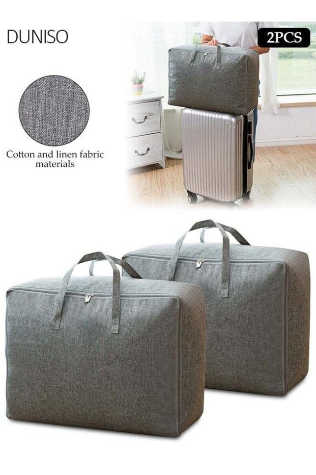 2 Pack Moving Storage Bag, Thick Grey Linen‑Textured Wear‑Resistant Tote Bag, Reinforced Stitched‑on Handles & Smooth Metal Zippers for Quilt Storage, Wardrobe Sorting, House‑Moving and Camping