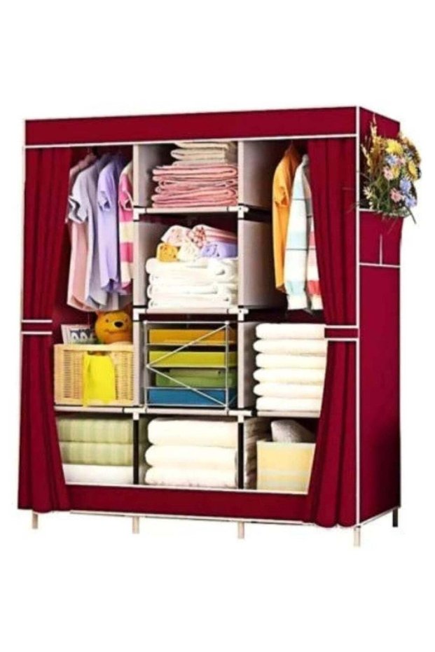Wardrobe with Compartments and Side Pocket, Fabric Wardrobe with Clothes Rail, Storage for Clothes, Clothes Rack, Dressing Room, Bedroom (Wine Red)