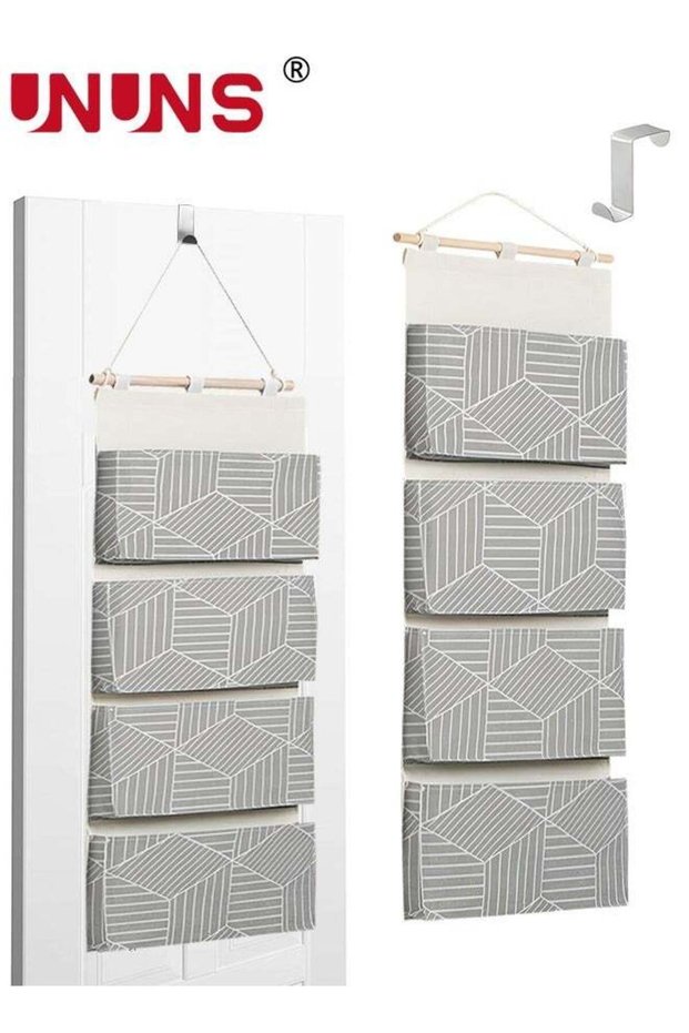 Over Door Hanging Storage Bags,Wall Mount Closet Organizer,4 Big Pockets Linen Cotton Fabric Hanging Shelves,Multi-Functional Organizer For Living Room Bedroom Bathroom File Magazine,Grey 80x30cm
